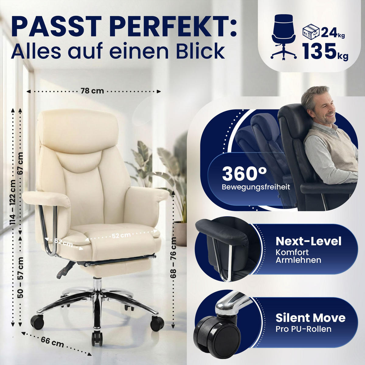 CHEFSESSEL Echtleder Creme - Chromfarben/Creme, Leder/Metall (78/114/66cm) - CLP