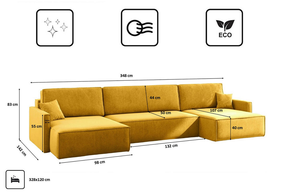 ECKSOFA Carlos U-Form Mit Schlaffunktion Und Bettkasten Stoff Salvador Gelb - Gelb, Holz (348/142cm) - Kaiser Möbel