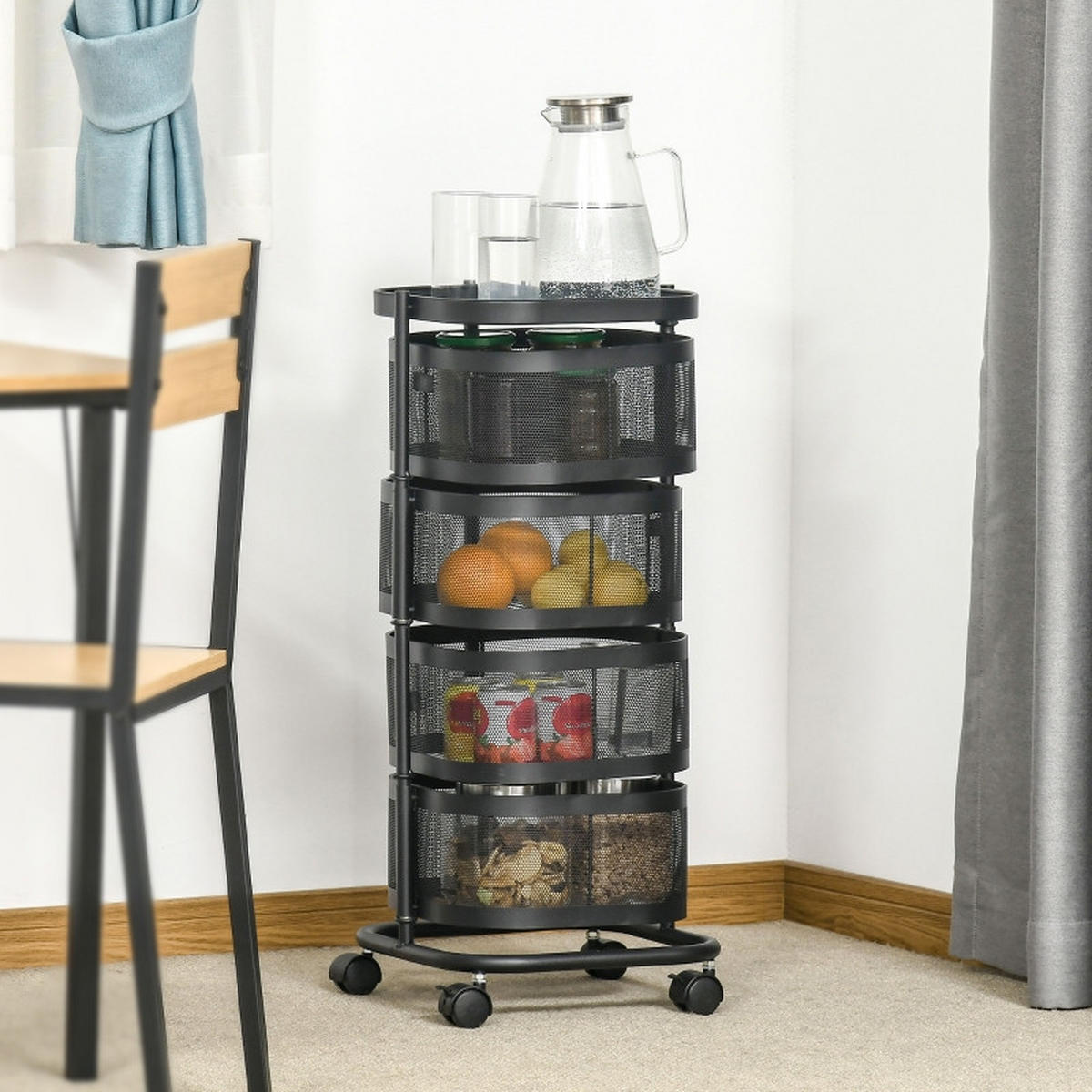 SERVIERWAGEN 33/33/77 cm mit Rollen und 4 Drahtkörben in Schwarz - Schwarz, Metall (33/77/33cm) - BEAOK