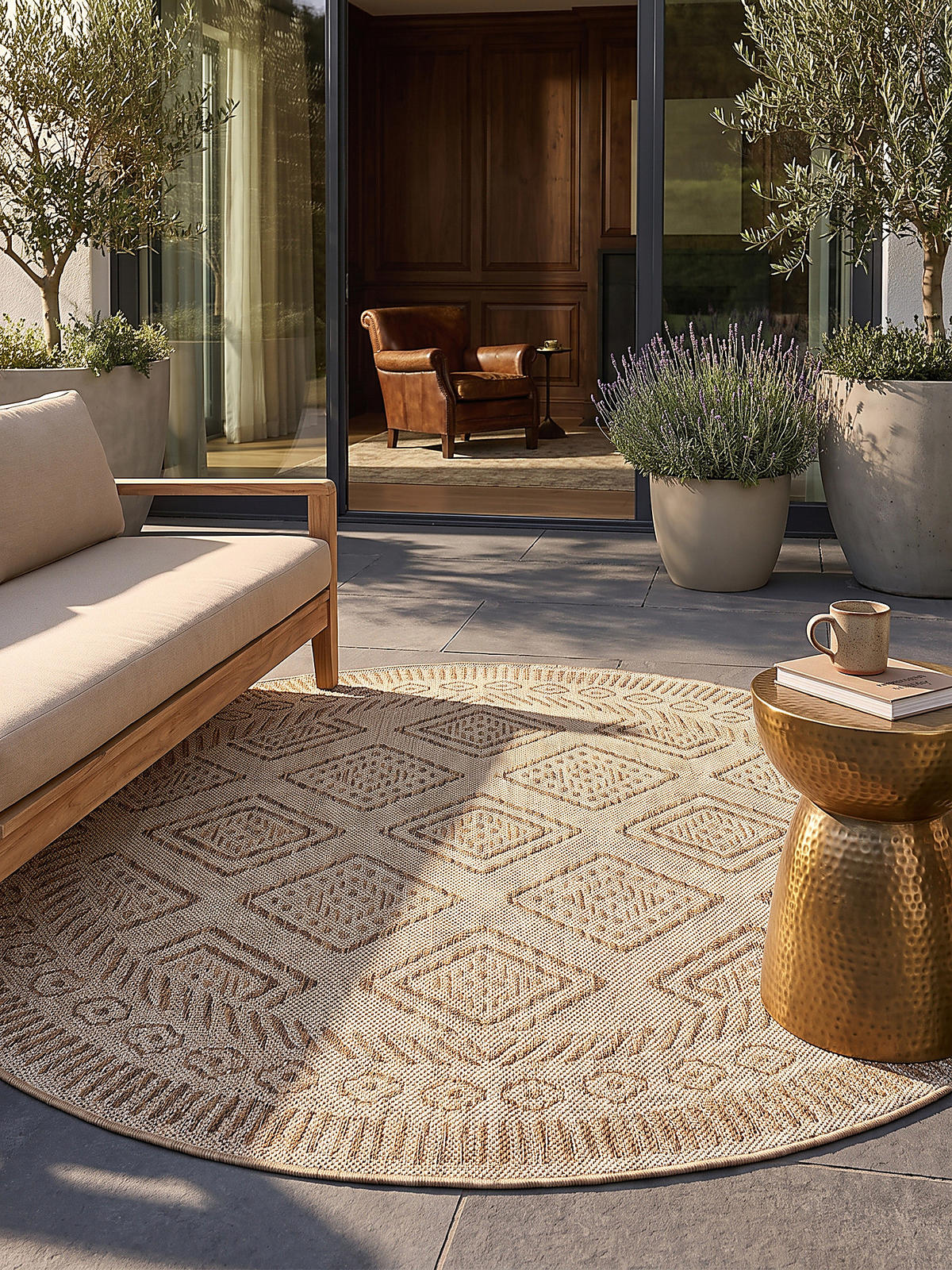 TEPPICH Flachgewebe, Outdoor, Fußbodenheizung-geeignet, mit Rautenmuster, VIGOLENO in Beige-Braun, Ø 200 cm - Beige, Textil (200/200cm) - KADIMA DESIGN