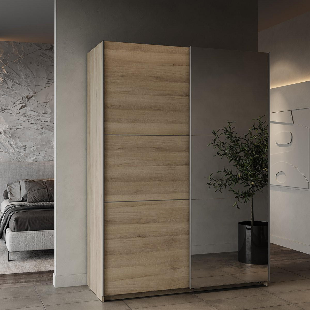 SCHRANK, 2 Schiebetüren mit Spiegel - GHOST - Eiche - 148 x 59,8 x 203 cm - Beige, Holz (59.9/203/148cm) - Demeyere