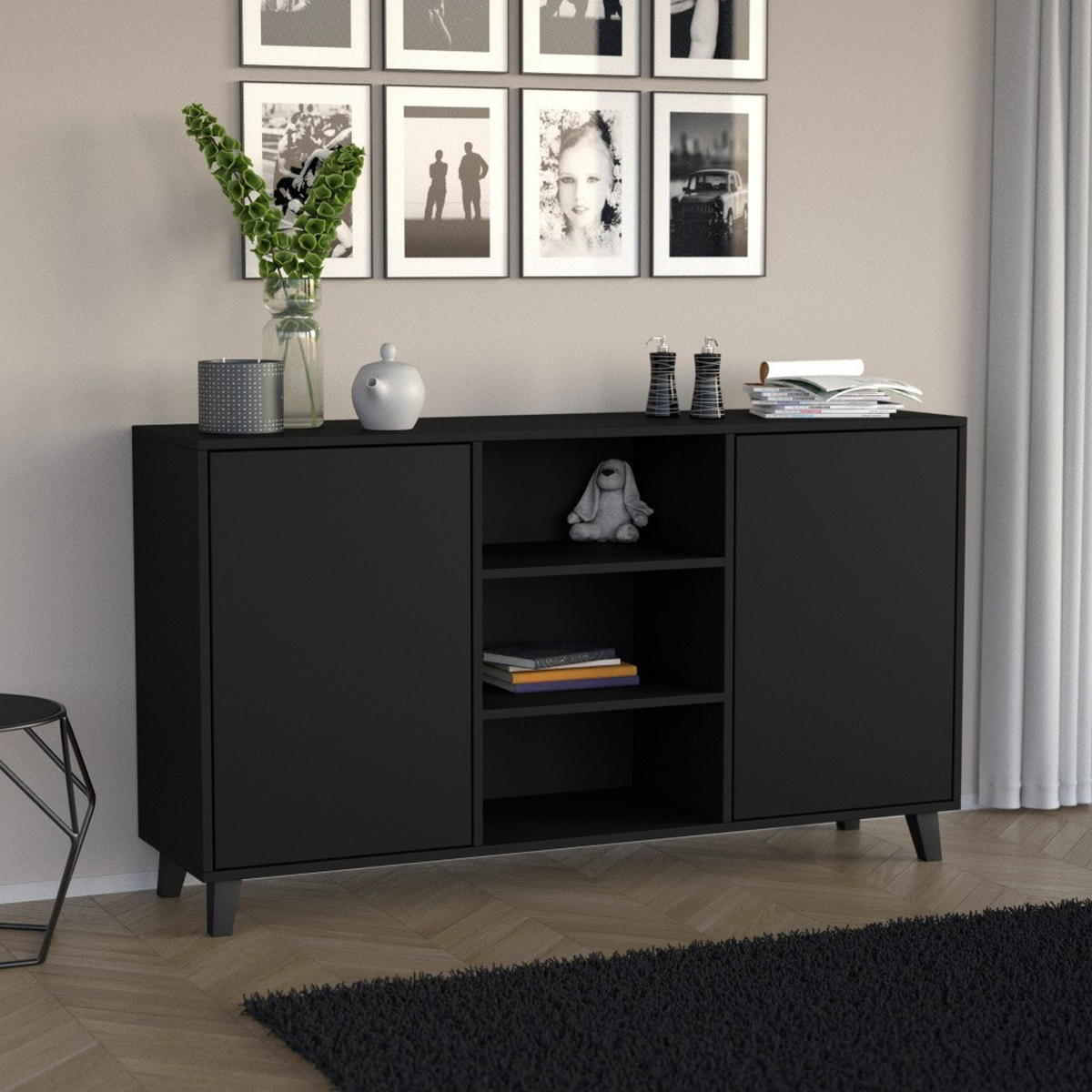 KOMMODE Home mit 2 Türen und 2 Regale, ohne Griffe, Schwarz - Schwarz, Holzwerkstoff (150/85/40cm) - Beautysofa