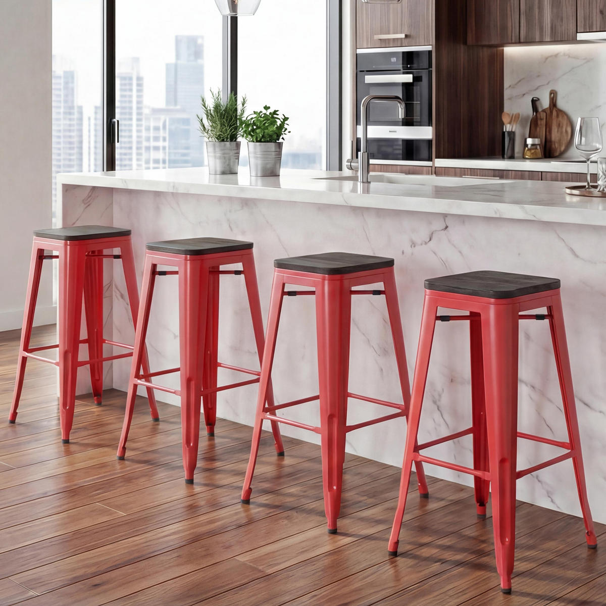 BARHOCKER Rot 4er-Set - Rot, Holz (42/76/42cm) - MCW