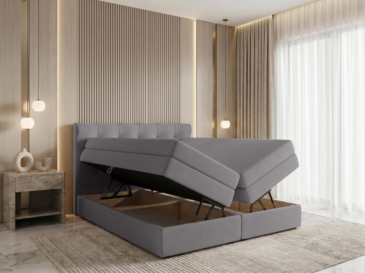BOXSPRINGBETT FINIKE 160x200 cm mit Bettkasten und 2 Matratzen - Hellgrau + TOPPER - Hellgrau/Schwarz, Holz/Holzwerkstoff (160/200cm) - AX Living