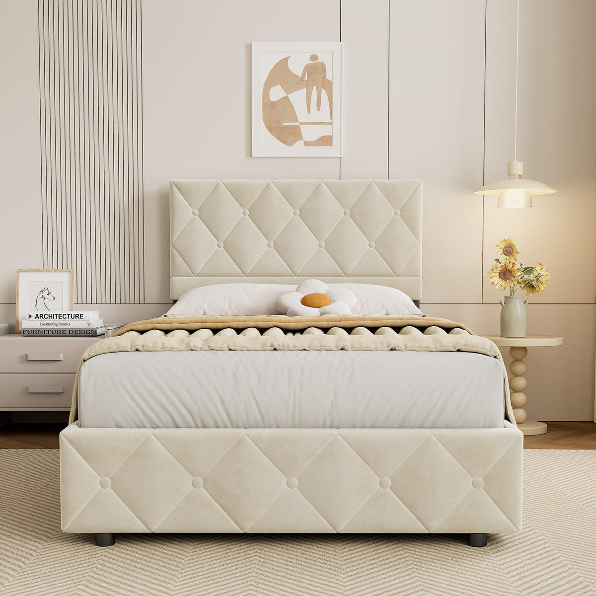 POLSTERBETT 90/190 cm in Beige Samt mit Bettkasten, hydraulischem Doppelhub-System und Lattenrost - Beige, Holzwerkstoff/Textil (90/190cm) - CHICFURN