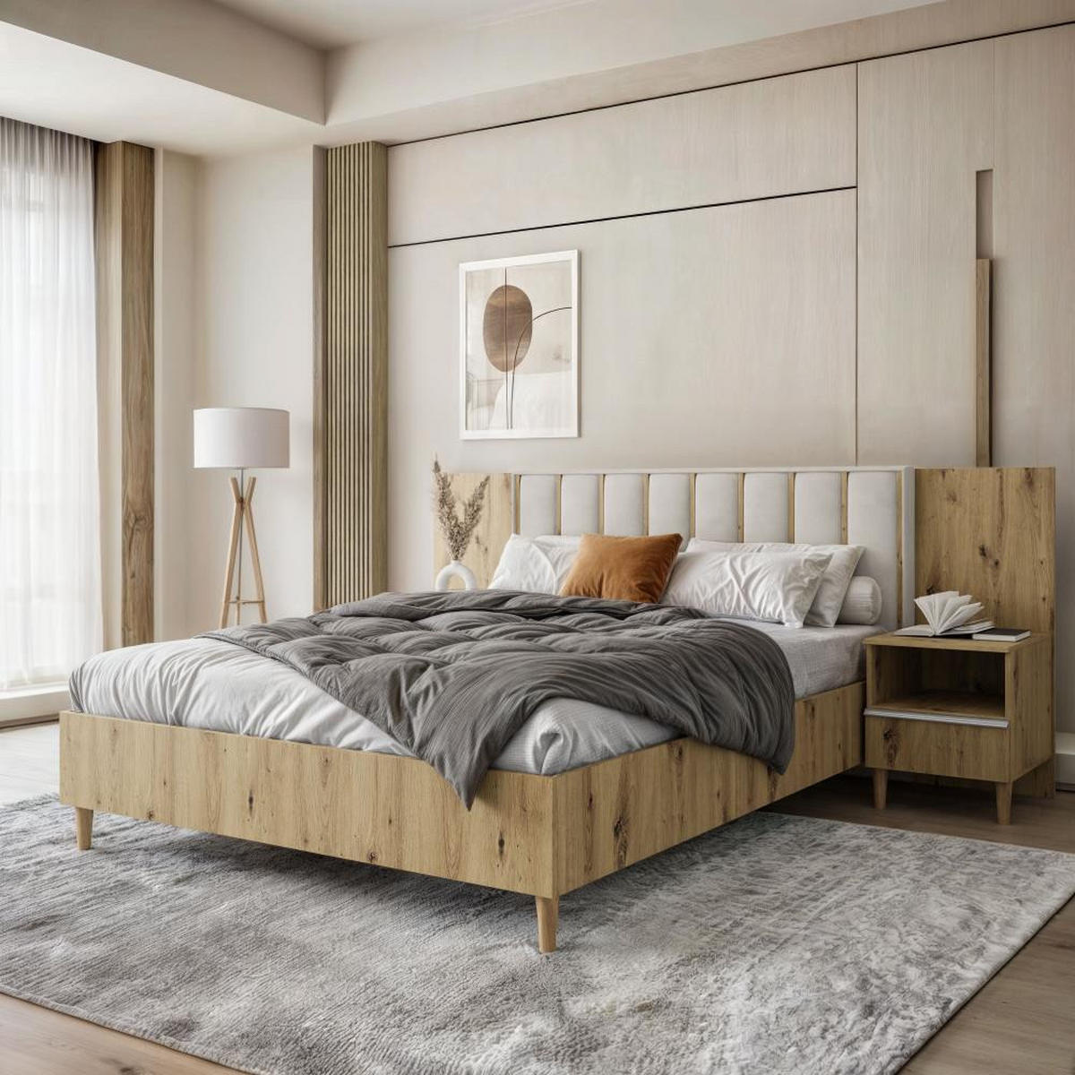 POLSTERBETT Stella 166/211/108 eiche Artisan/beige - Beige/Eiche Artisan, Holzwerkstoff/Textil (160/200cm) - Beautysofa