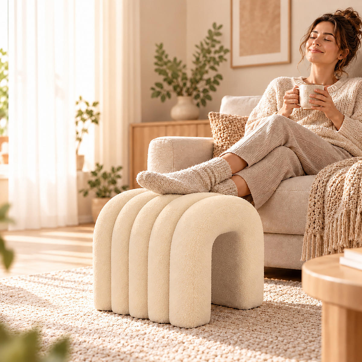 TABURET Béžový teddylátka - béžová, kompozitní dřevo/textil (35/36/36cm) - Relaxdays