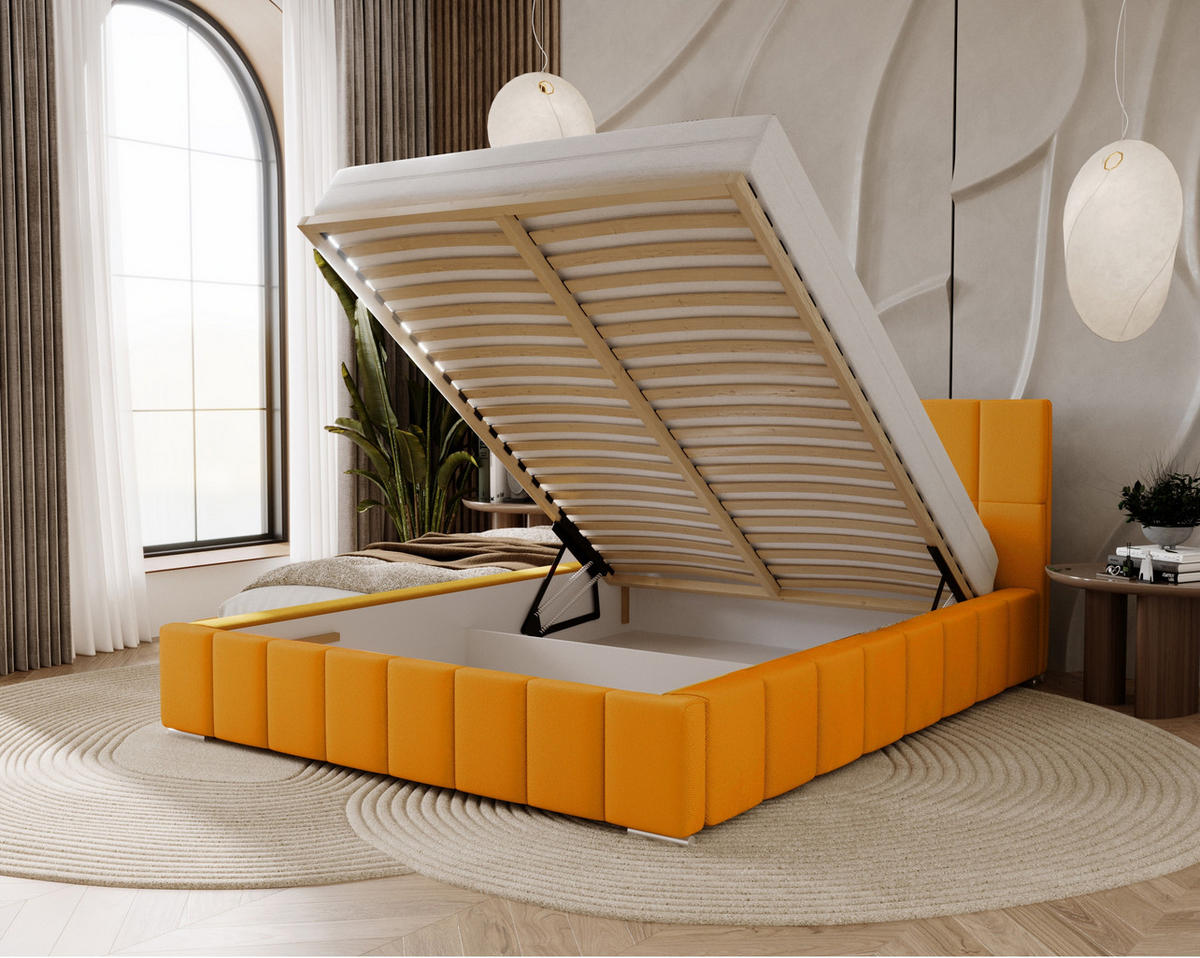 POLSTERBETT Alma 160x200 cm, Doppelbett mit Bettkasten und Lattenrost aus Holz, Velourstoff: Gelb - Gelb, Holz/Textil (160/200cm) - Marpur