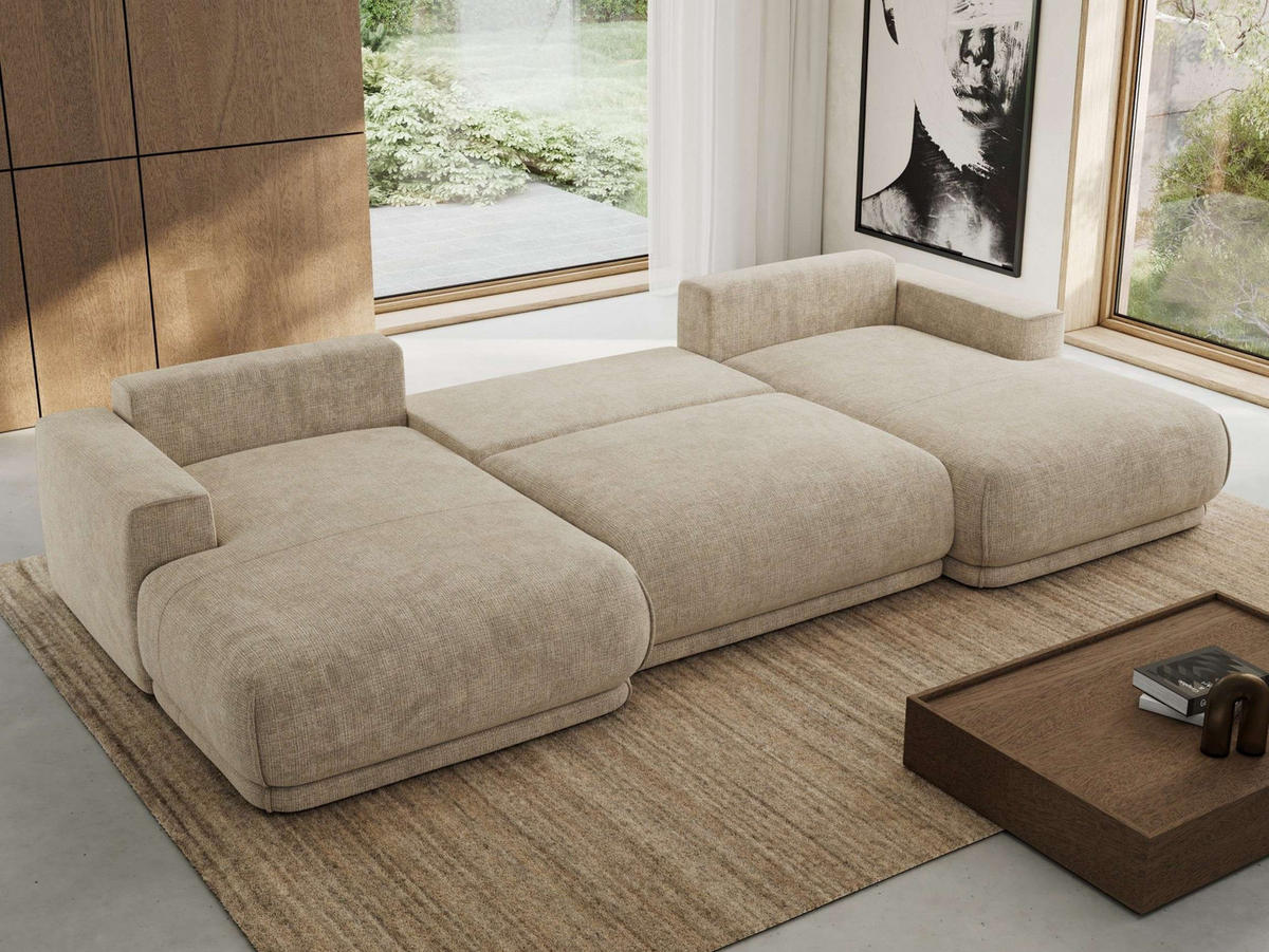 SEDACIA SÚPRAVA RINA U Béžová Hrubo tkaná ženilka - čierna/béžová, textil/plast (360/85/170cm) - MKS