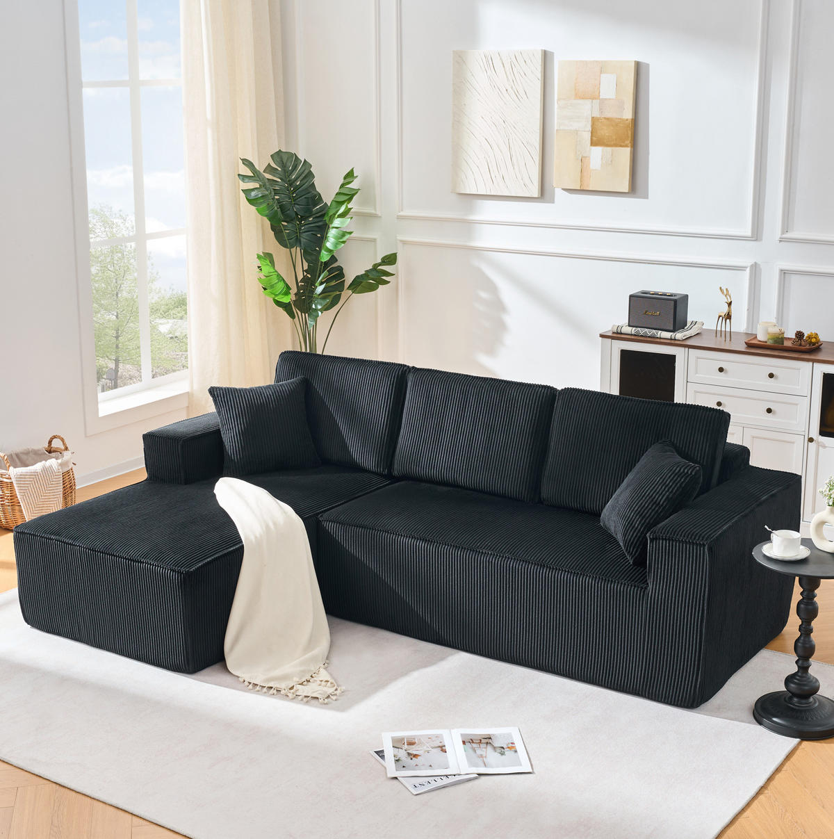 ECKSOFA 235/128/60 cm schwarz aus Cord mit Chaiselongue und 2 Kissen - Schwarz, Textil (128/235cm) - OKWISH