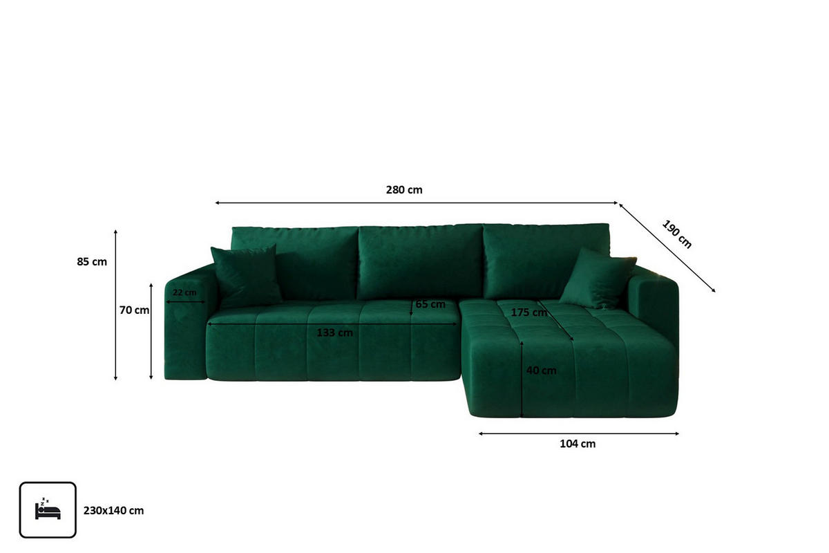 ECKSOFA mit schlaffunktion und bettkasten MILO, stoff MONOLITH, Grün, Rechts - Grün, Holz (280/190cm) - Kaiser Möbel