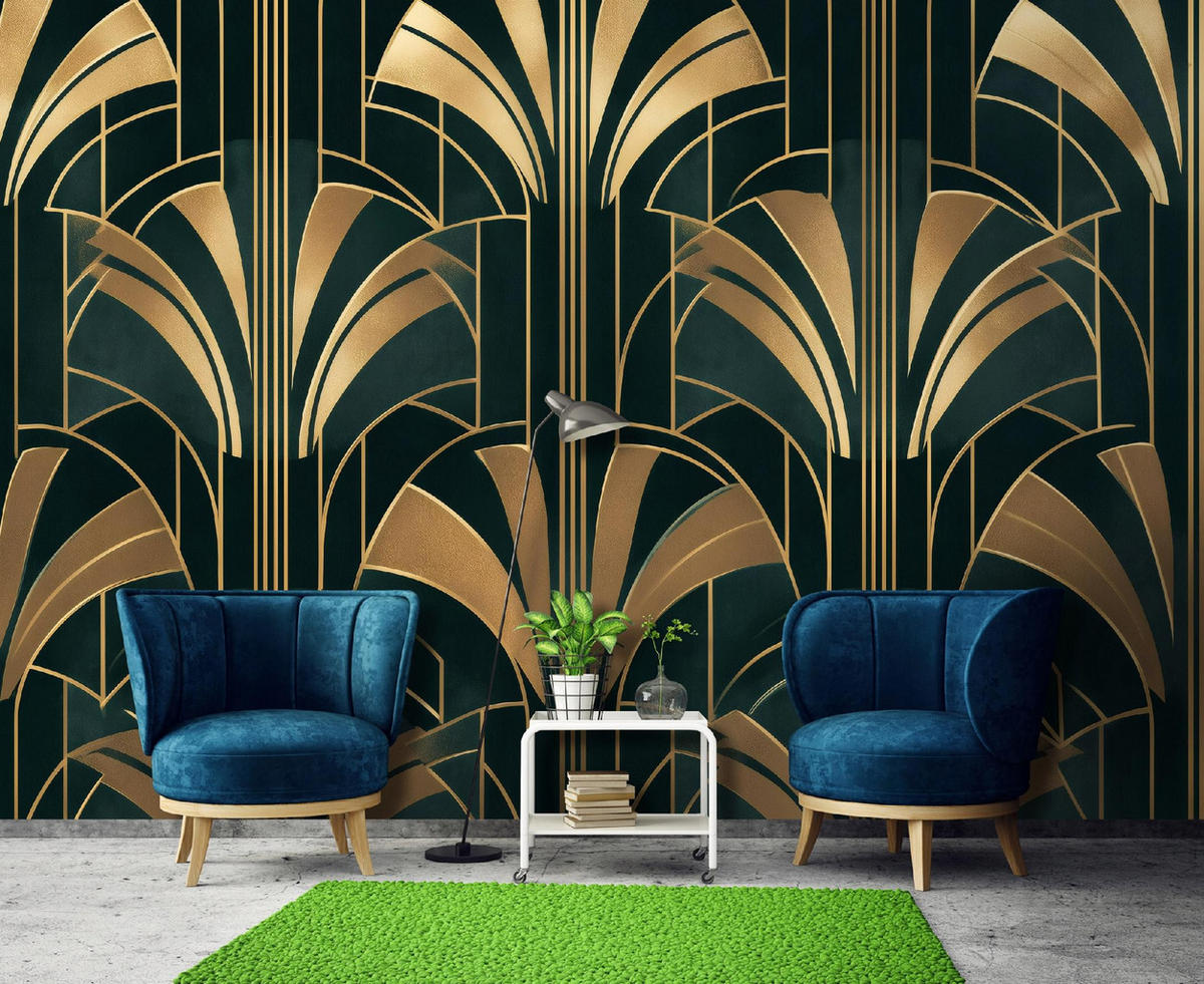 FOTOTAPETE Art Deco Gold Grün 350x250 cm - Multicolor, Papier (350/250cm) - Wallarena