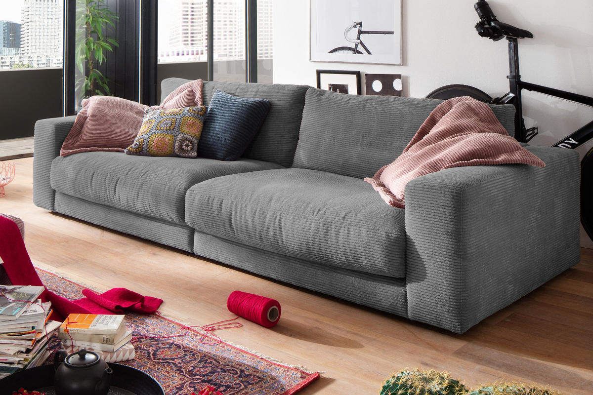 SOFA 3-SITZER MADELINE Grau Cord - Schwarz/Grau, Textil (290/85/127cm) - KAWOLA