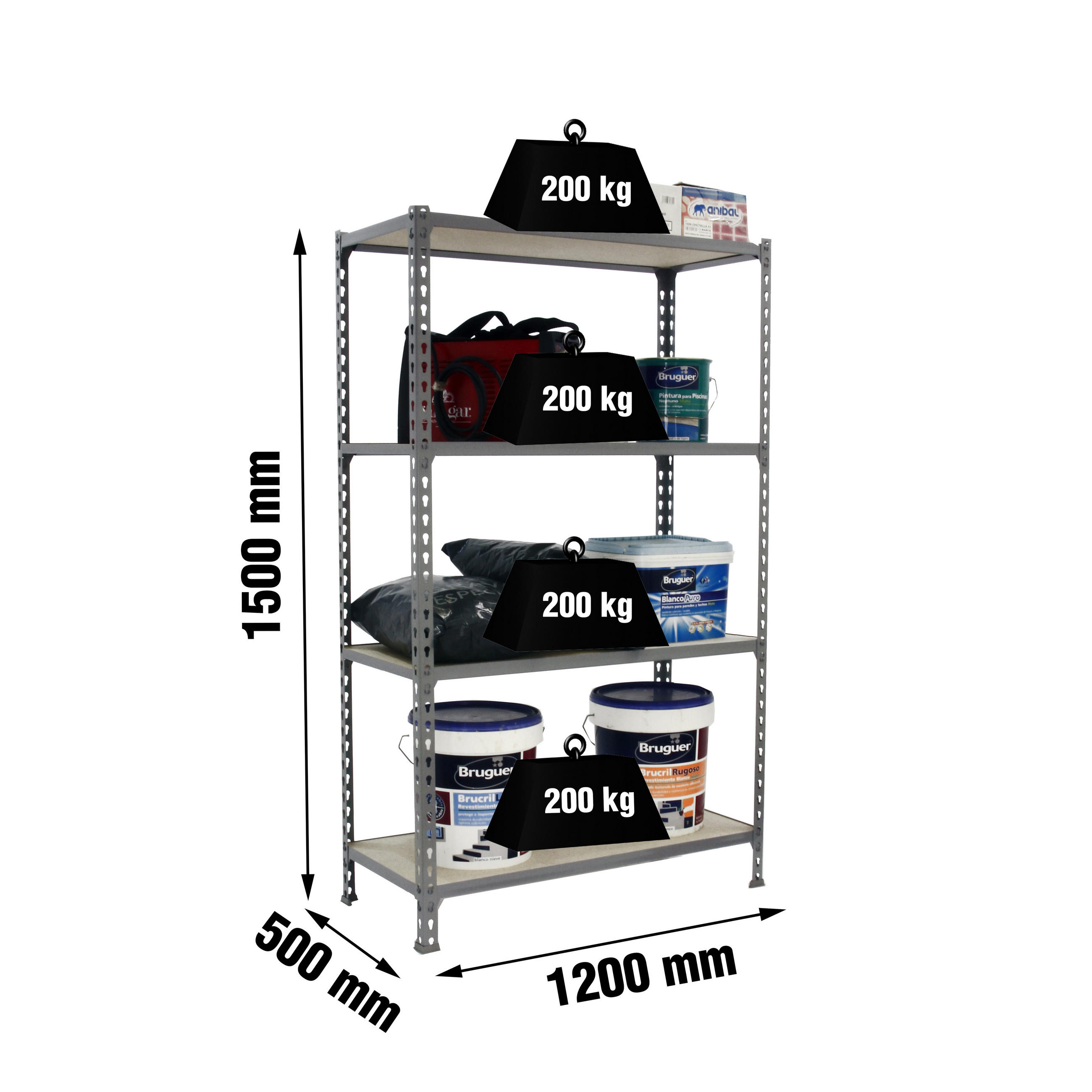 SCHWERLASTREGAL Mid Muli HxBxT 150 x 120 x 50 cm 4 Fachböden Fachlast 200 kg Grau - Grau, Metall (120/150/50cm) - PROREGAL