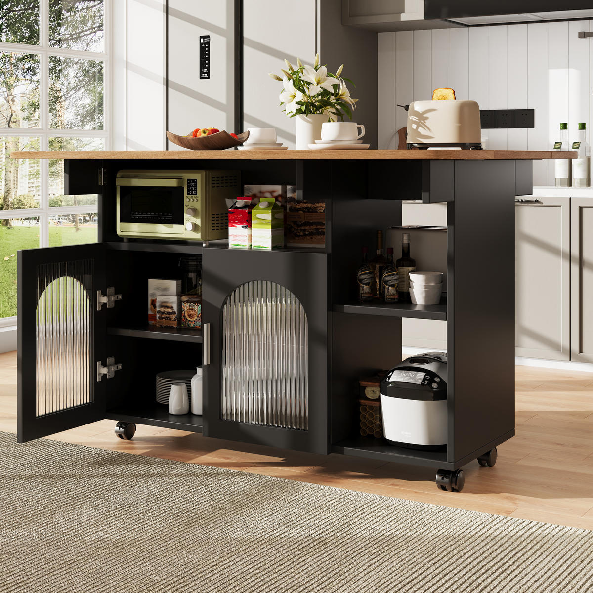 KÜCHENINSEL in Schwarz und Naturfarben Servierwagen mit Glastüren für Küche und Esszimmer, B120/T30/H79.5 cm - Schwarz/Naturfarben, Glas/Holzwerkstoff (120/79.5/70cm) - STILVORA