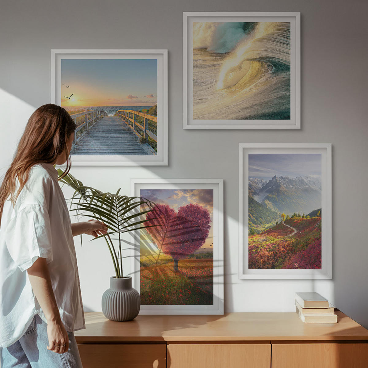 WANDBILDER 4er-Set - 50x50 cm & 40x60 cm Weißer Rahmen - Landschaften Berge Wellen Baum Herz Pier - Weiß, Kunststoff (50/50cm) - ArtPrintCave