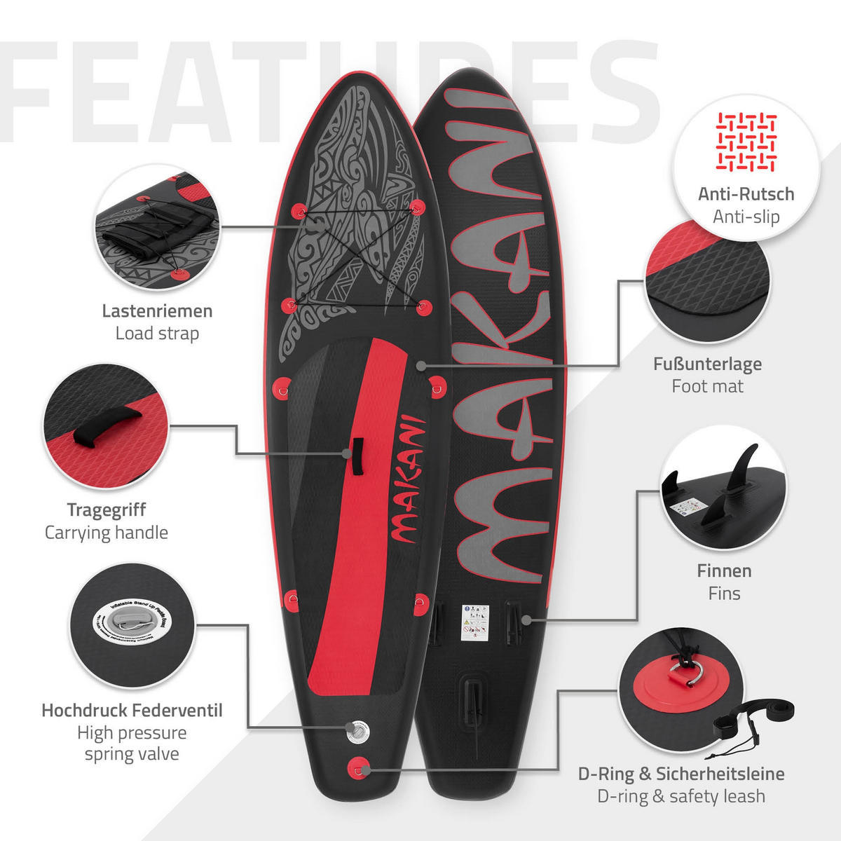 STAND UP PADDLE BOARD Makani Schwarz-Rot - Rot, Kunststoff (320/80/15cm) - ECD-Germany