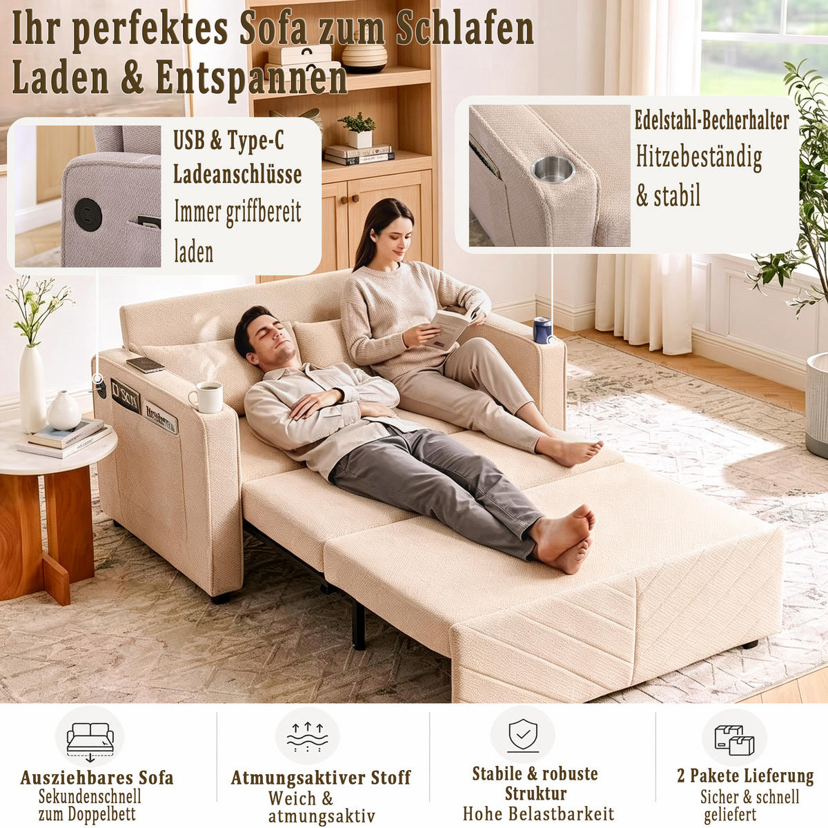 SCHLAFSOFA 134/82/73 cm Beige mit USB Charging und Aufbewahrungstasche - Beige, Textil (134/73/195cm) - Oxeza