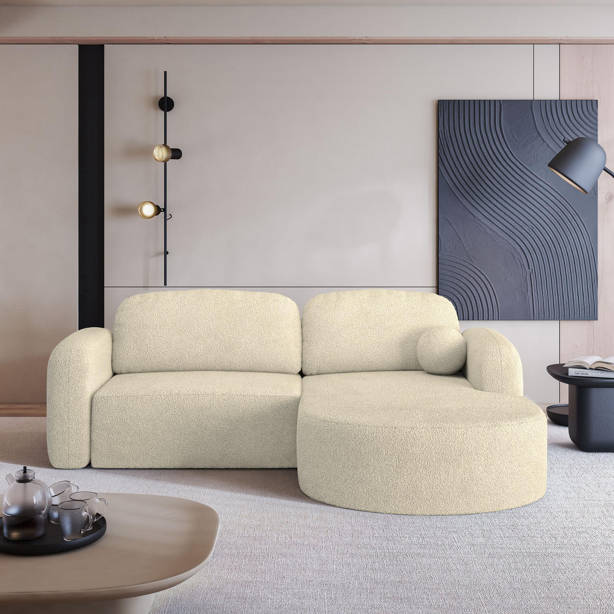 ECKSOFA AMILIA R-S Creme Boucle-Stoff mit Schlaffunktion - Creme, Holz (263/174cm) - MASSENO