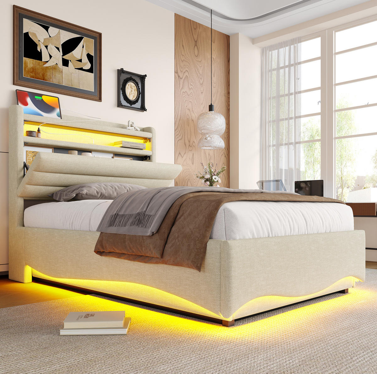 POLSTERBETT mit Stauraum und LED 90x200 cm Leinen Beige - Beige, Metall (90/200cm) - Meubliv