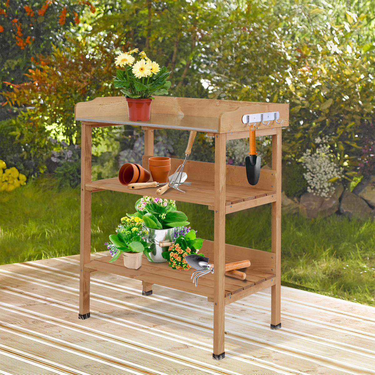 PFLANZTISCH DE-18933 2 Ablageflächen, 3 Werkzeughaken Naturholz - Naturfarben, Holzwerkstoff (76/37/89cm) - ComfortXL