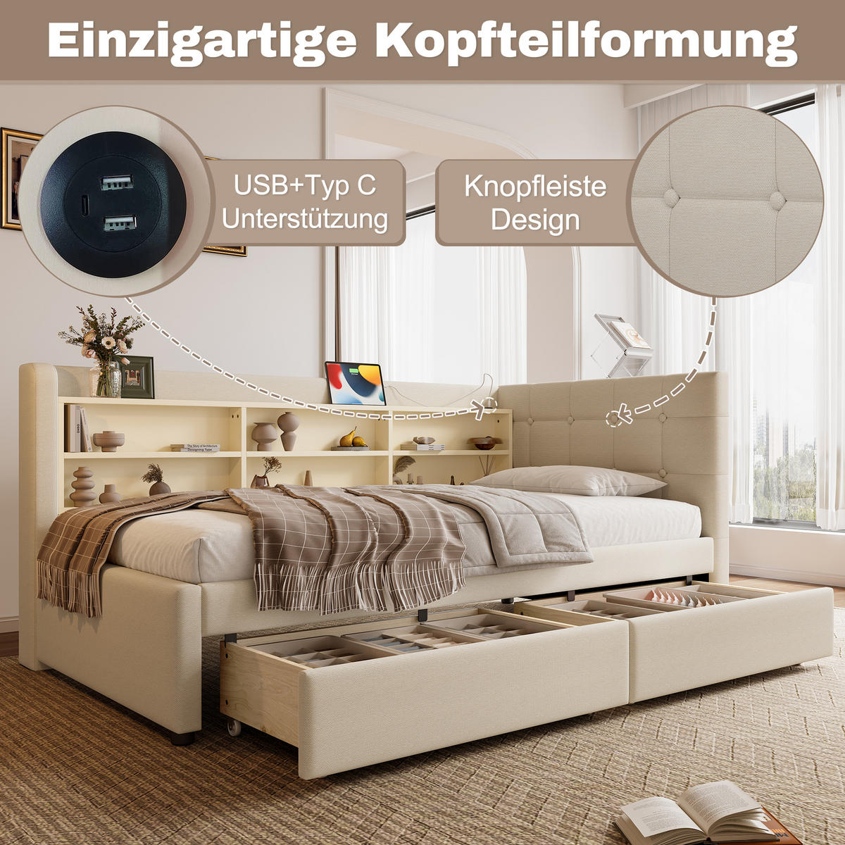 TAGEBETT 90x200cm Beige Leinen 2 Schubladen USB-C Ablagefächer - Beige, Holz (90/200cm) - FLIEKS