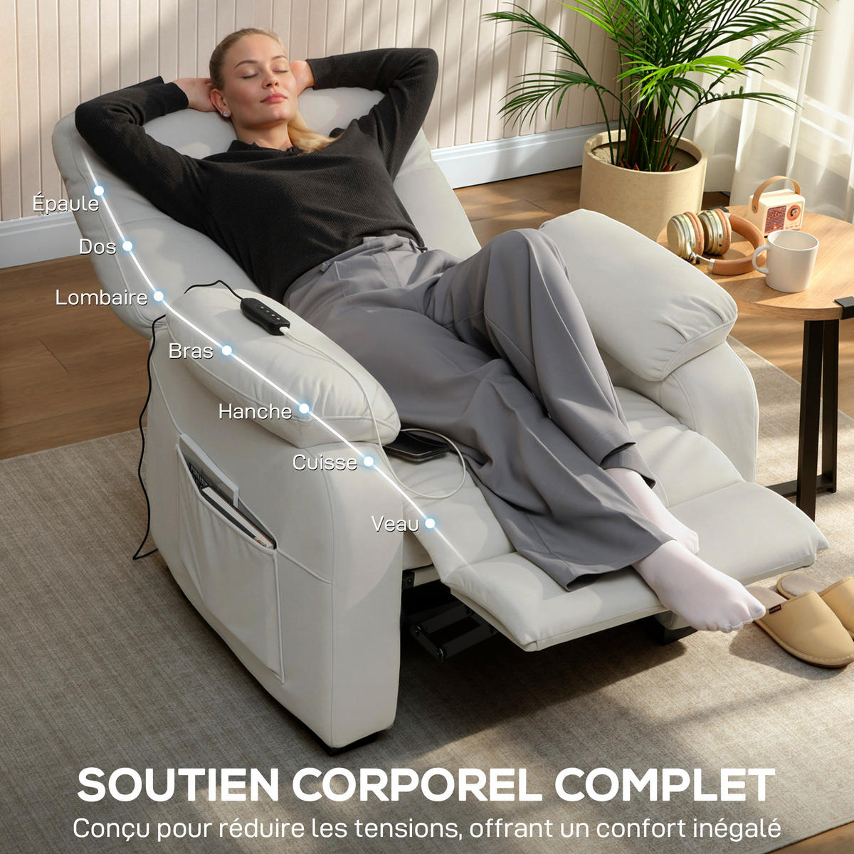 RELAXSESSEL DE-15436 elektrisch neigbar mit USB und Fußstütze Creme - Creme, Metall (90/103/96cm) - ComfortXL