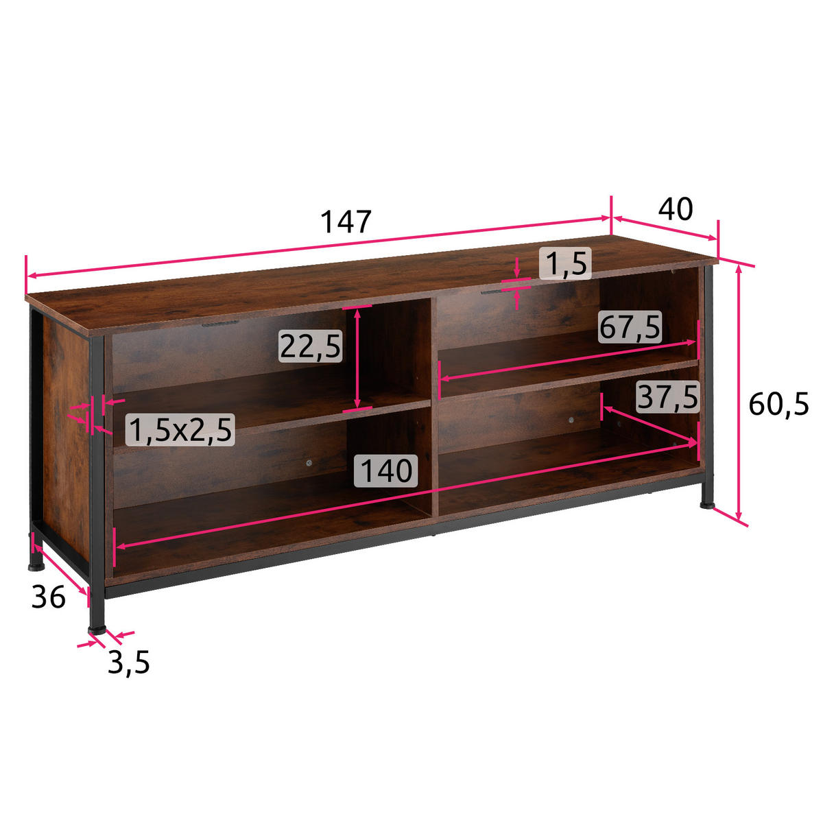 TV-ELEMENT Navan,147 x 41 x 60,5 cm,Industrial Holz dunkel, rustikal - Rostfarben, Holzwerkstoff (41/60.5/147cm) - tectake