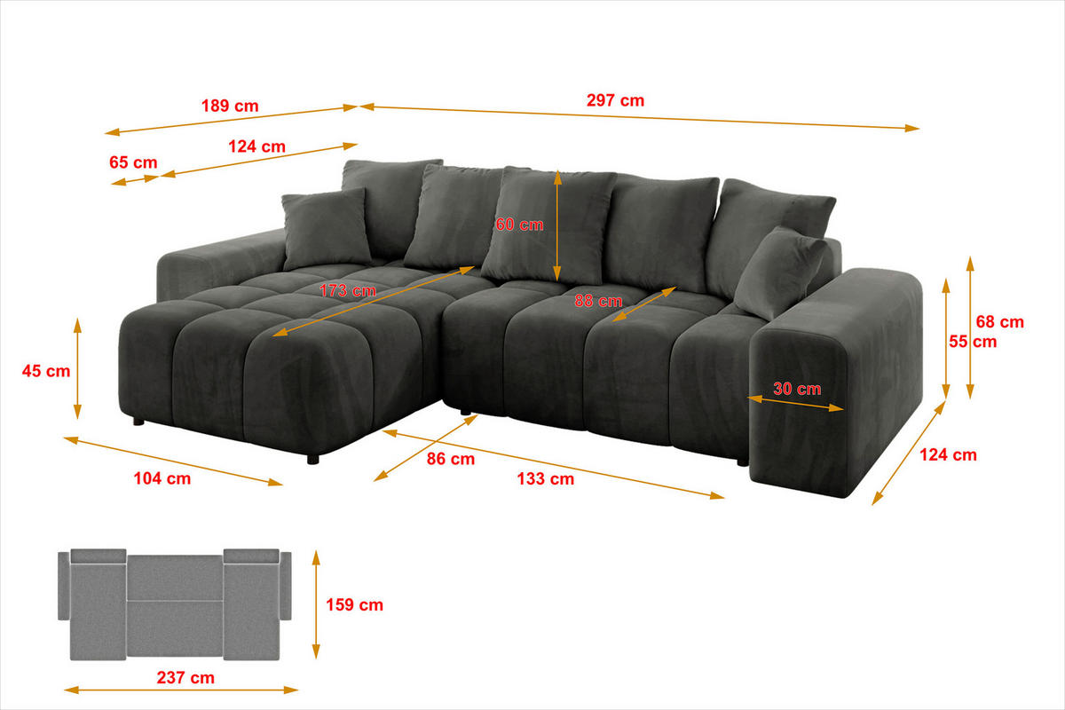 ECKSOFA Ottomane links ENIL-L 297x189x68 Dunkelgrau Velours - Anthrazit, Holzwerkstoff/Kunststoff (297/189cm) - ALTDECOR