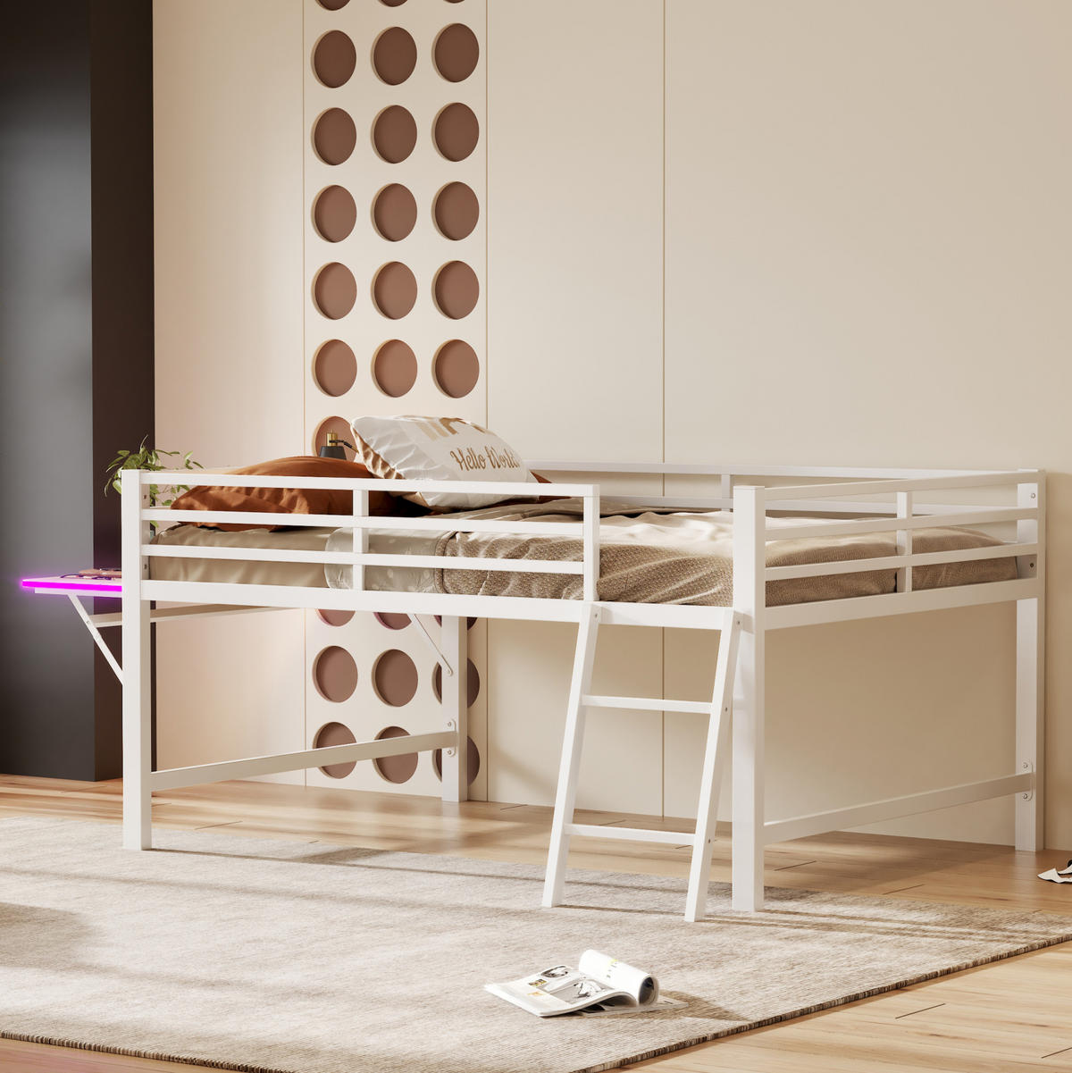 HOCHBETT 140/200 cm Weiß mit Leiter, Schreibtisch und LED ohne Matratze - Weiß, Metall (140/200cm) - MIVRAY