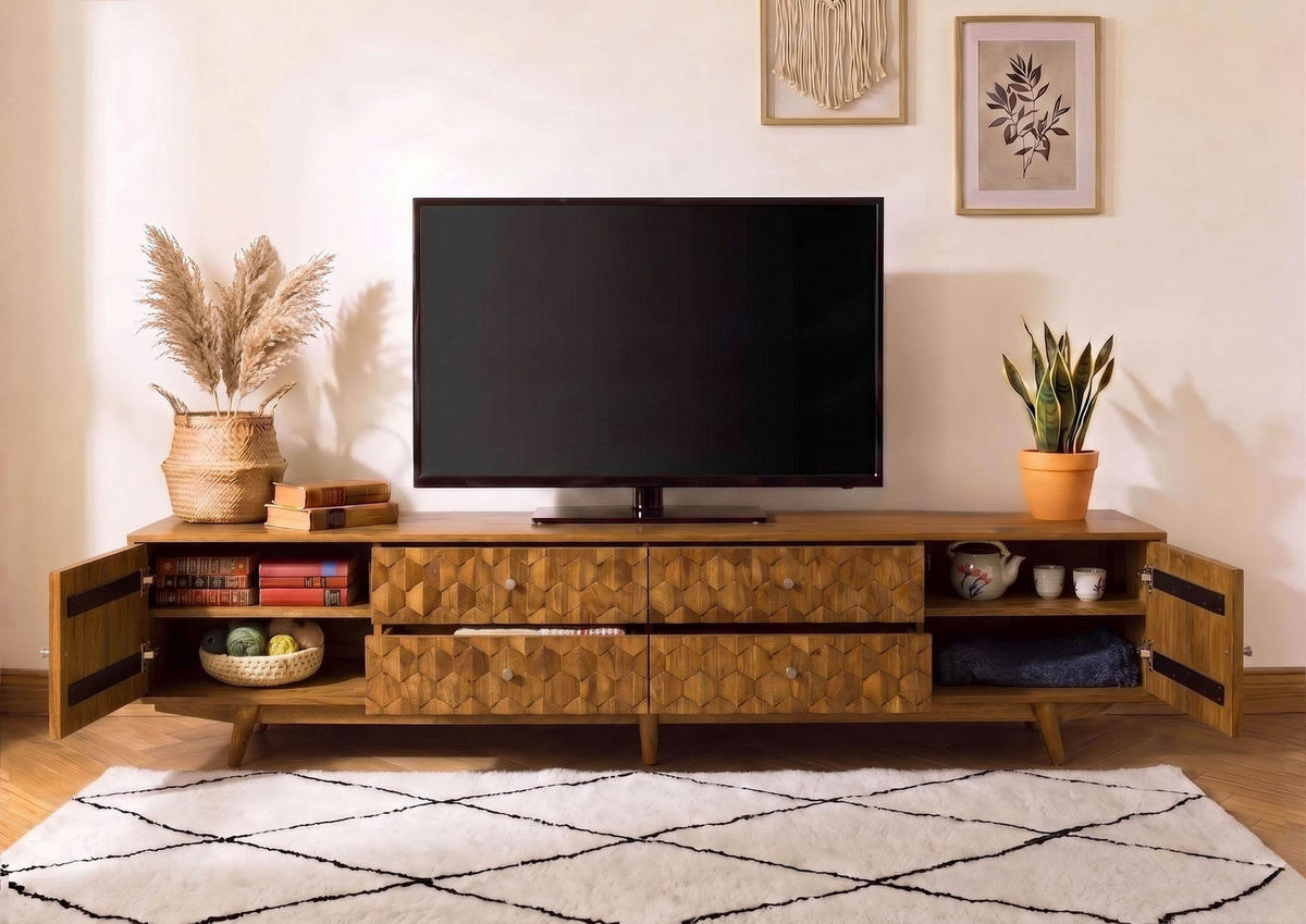 TV-BOARD Akazie 220x40x49 natur lackiert MOSAYK #120 - Naturfarben, Holz (220/49/40cm) - Massivmoebel24