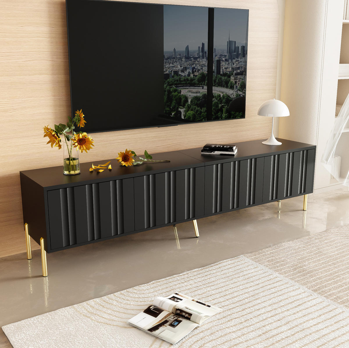 TV-LOWBOARD aus MDF und Spanplatte 190x38x48 cm Schwarz mit 4 Türen, gerillter Front und goldfarbenen Beinen - Schwarz, Holzwerkstoff (190/48/38cm) - Modfu
