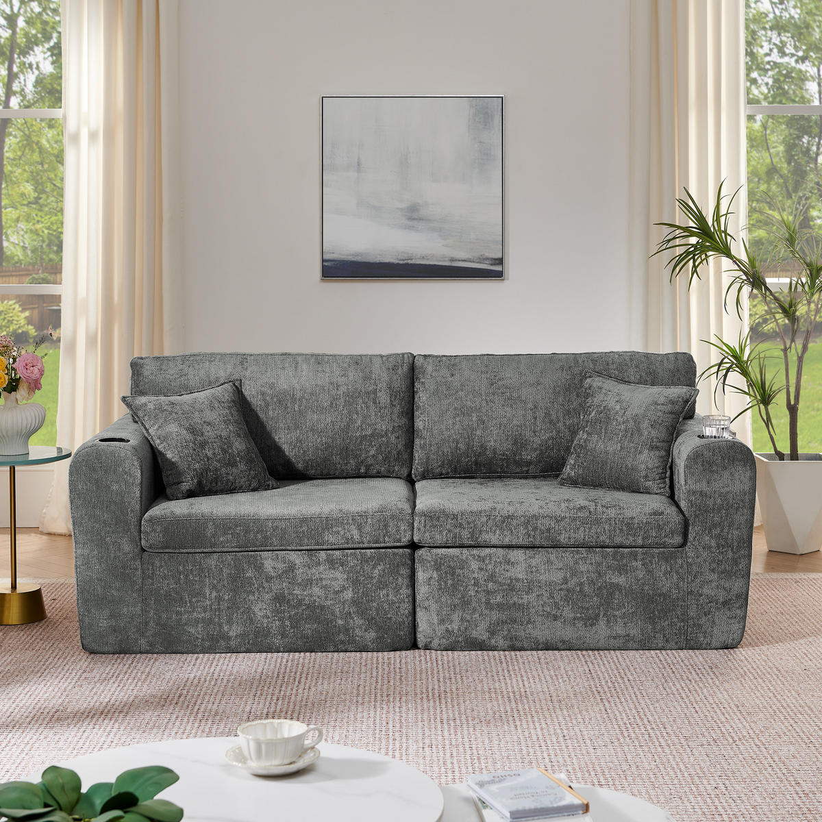 2-SITZER SOFA Chenille Gray mit USB-Ladefunktion, Magazintasche, Getränkehalter und Kissen - Grau, Textil (220/89/100cm) - WISHDOR