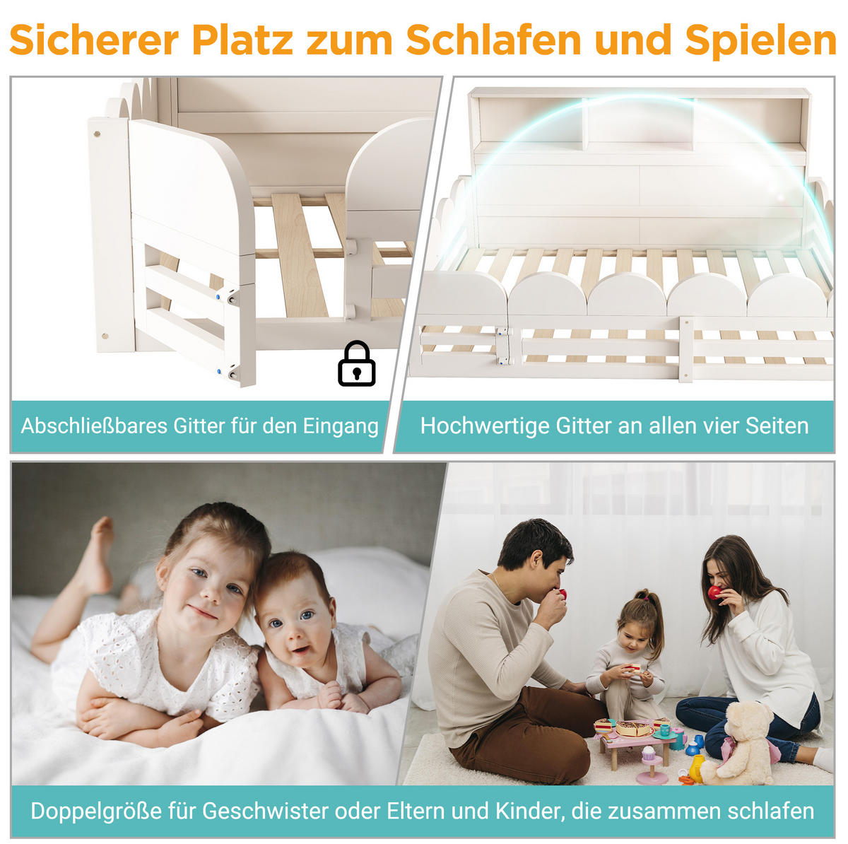 KINDERBODENBETT 140/190 cm aus Holz mit Tür Rausfallschutz und Regal Weiß - Weiß, Holz (90/200cm) - Modenvie