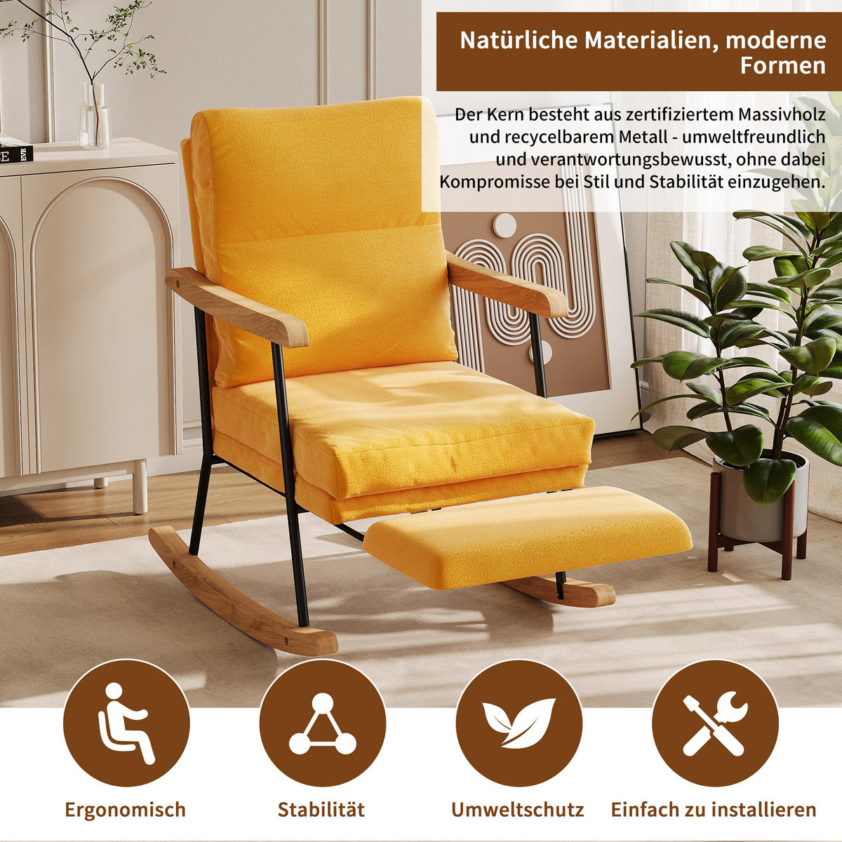 SCHAUKELSTUHL gepolstert ausziehbare Fußstütze gelb - Gelb, Holz (97.5/94/64.5cm) - LEBENLANG