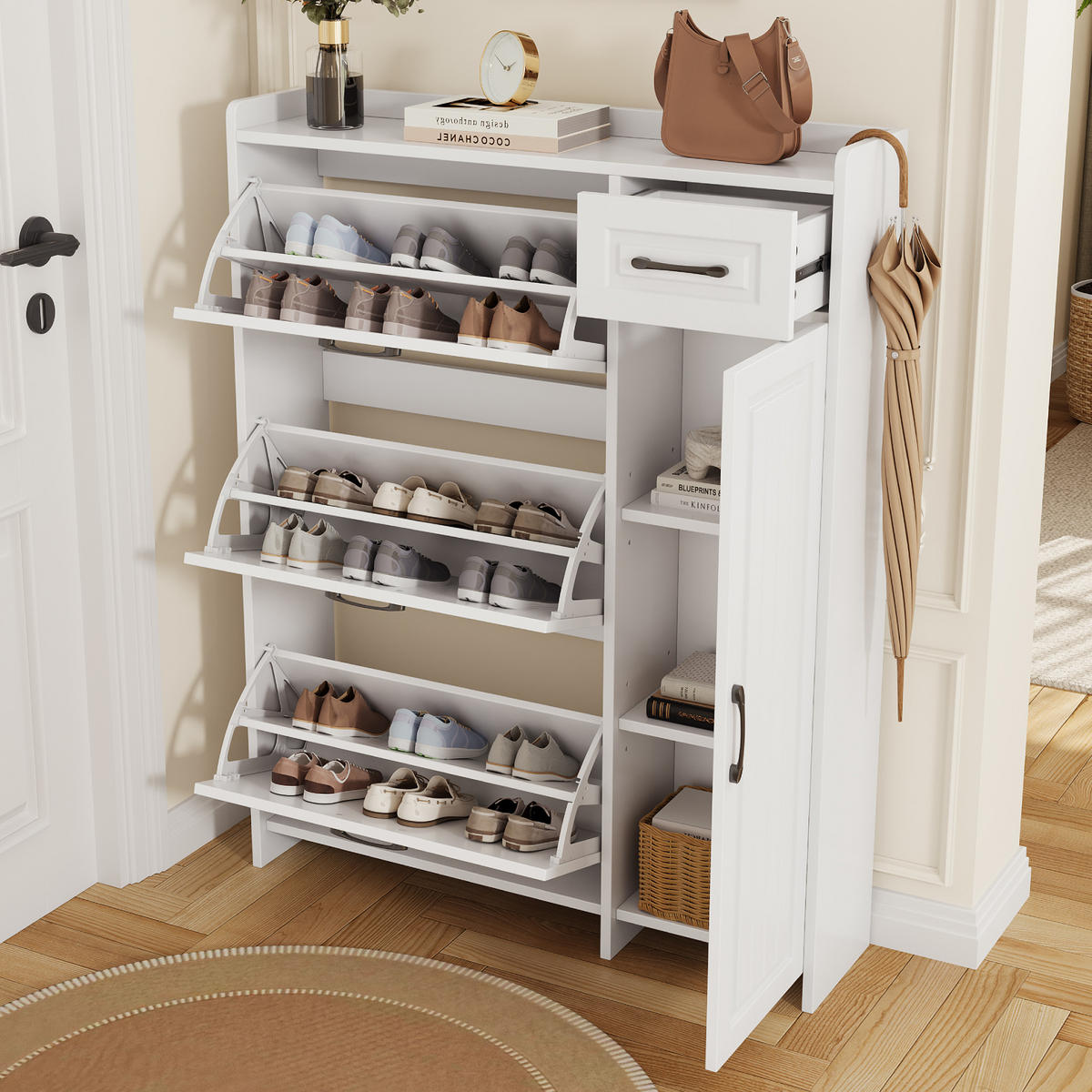 SCHUHSCHRANK 92x24x121cm Weiß mit 3 Klappen und Schublade - Weiß, Holzwerkstoff (92/121/24cm) - FLIEKS