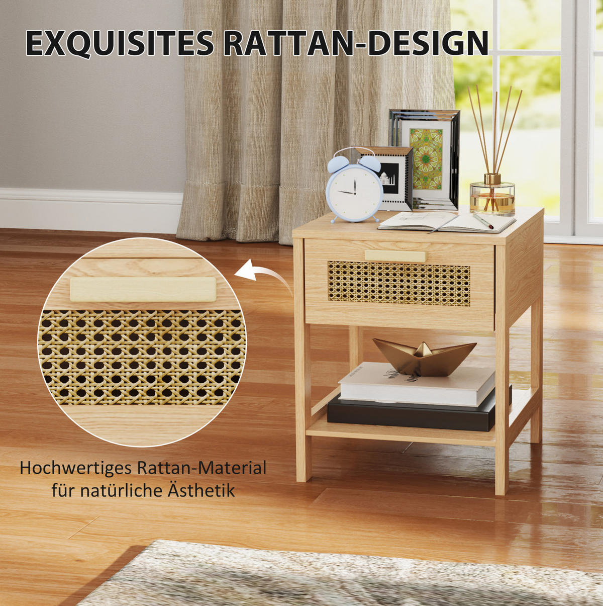 NACHTTISCH aus Holz mit Rattan-Schublade & Ablage, 40/40/48,4 cm, Naturholz - Naturfarben, Holz (40/48.4/40cm) - Redom