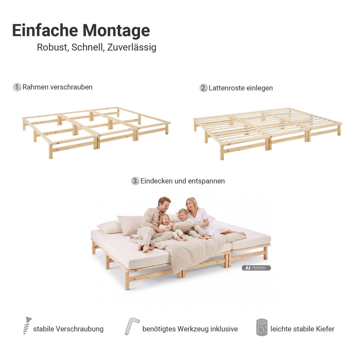 HOLZBETT Familienbett 270/200 cm natur + Lattenrost - Braun, Holz (270/200cm) - Homestyle4u