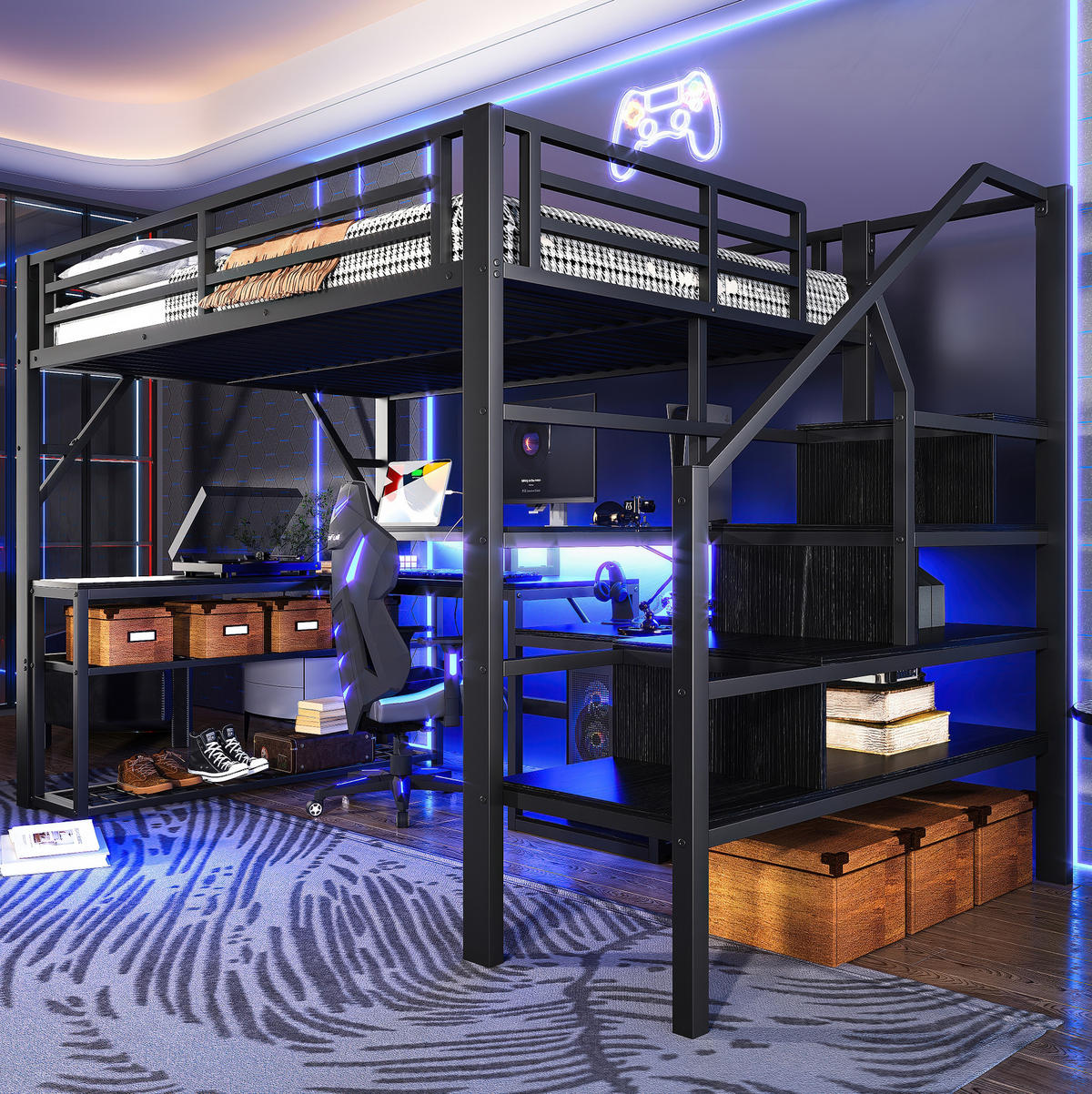 HOCHBETT 140/200 cm in Schwarz – mit Schreibtisch, LED und Stauraumtreppe - Schwarz, Metall (140/200cm) - BEAOK