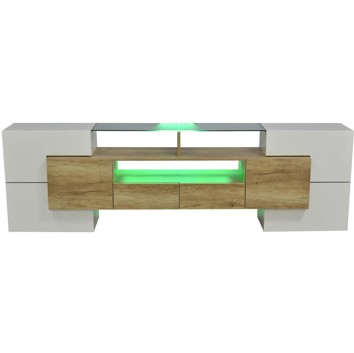 TV-SCHRANK aus MDF 200x35x60 cm Natur/Hochglanzweiß mit LED-Beleuchtung und viel Stauraum - Weiß, Holzwerkstoff (200/60/35cm) - Modfu