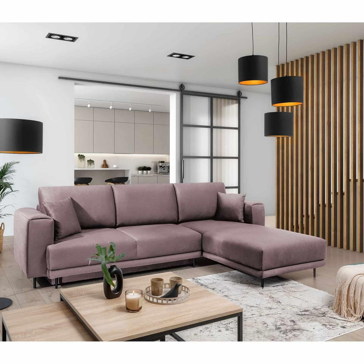 ECKSOFA mit Schlaffunktion und Bettkasten, Loco-Stoff - Flieder/Schwarz, Textil/Metall (190/289cm) - Eltap