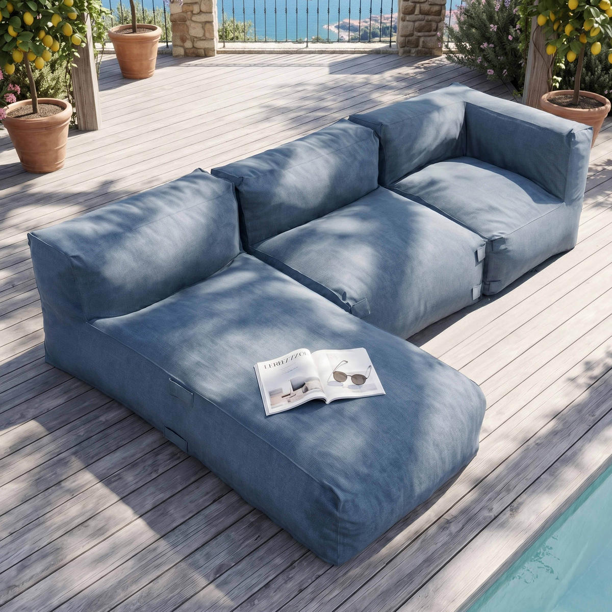GARTENSOFA 3-tlg., Pazifikblau - Blau, Textil - Oviala
