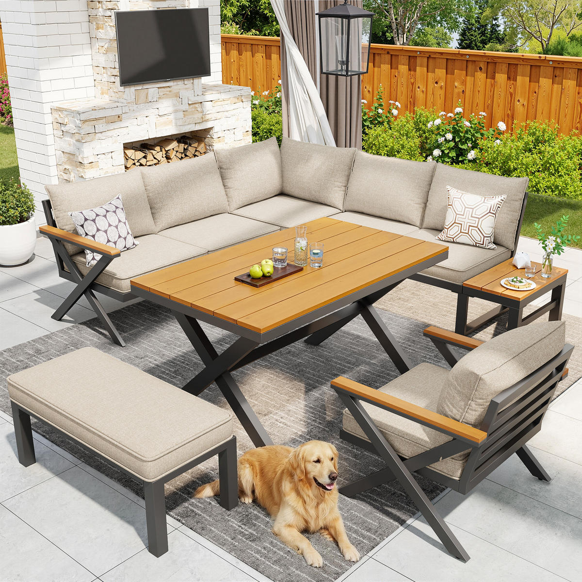 GARTENSETS aus Eisen Beige mit modularer Sitzgruppe im X-Design - Beige, Metall - Modfu