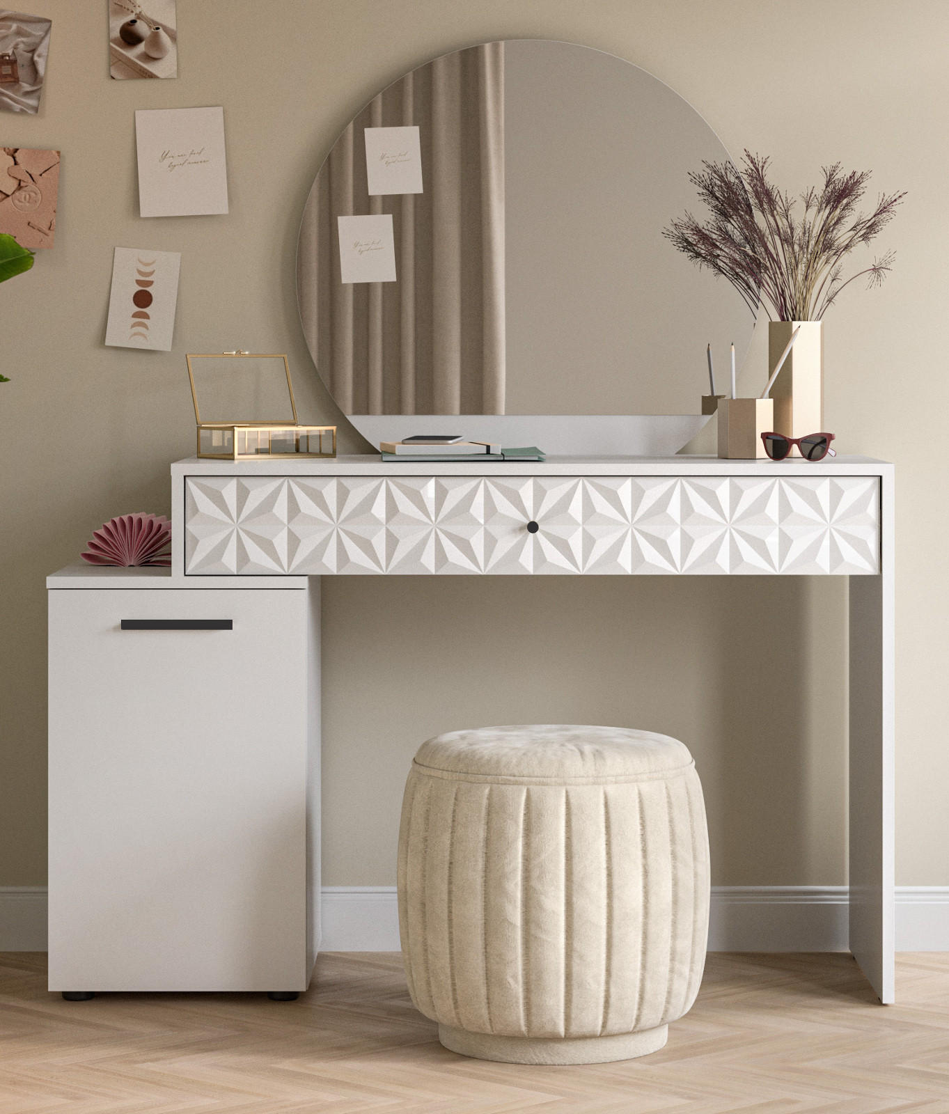 SCHMINKTISCH weiß Hochglanz 117 cm, Kosmetiktisch mit Spiegel - Weiß Hochglanz/Schwarz, Glas/Holzwerkstoff (42/138/117cm) - Inn.Furn