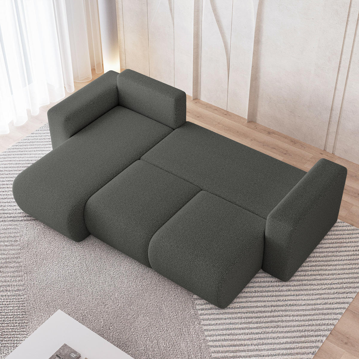 ECKSOFA RINOVA Grau Boucle-Stoff mit Schlaffunktion - Grau, Holz (250/143cm) - MASSENO