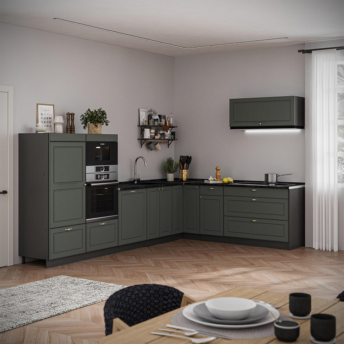 ECKKÜCHE Fame-Line, Grün-Gold Landhaus/Anthrazit, 327 x 227 cm, AP Anthrazit - Anthrazit/Grün, Holzwerkstoff (327/153.6/60cm) - Vicco
