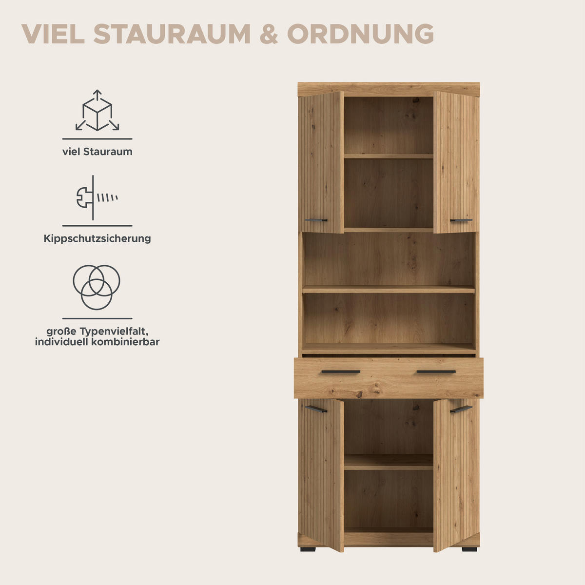 HOCHSCHRANK breit Vento (B/H/T: ca. 74/191/31 cm) in Artisan Eiche Nachbildung/Artisan Eiche Nachbildung - Eiche Artisan, Holz (74/191/31cm)