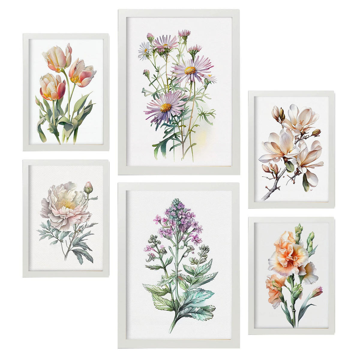 POSTER Set Mit 6 Blumensträuße Vollfarbige Natur Und Botanikdrucke Mit Blumenmotiven Auf Reinweißen Hintergründen A3 & A4 Weißer Rahmen - Weiß, Papier (29/3cm) - Nacnic