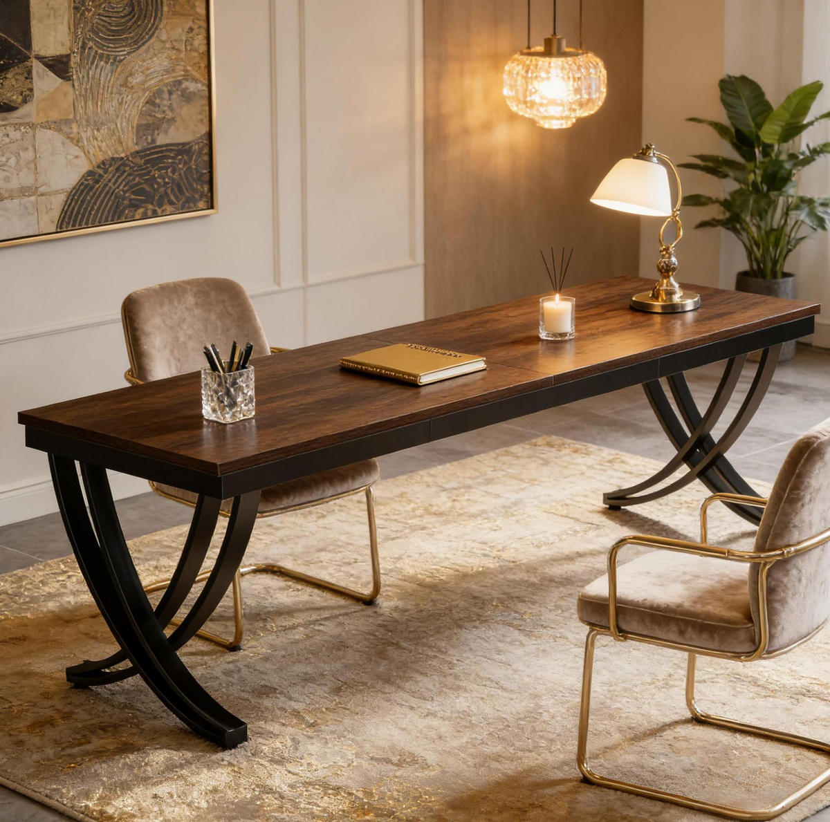 SCHREIBTISCH für 2 Personen 200 x 70 cm Metall Holz Black Rustic Brown - Schwarz, Metall (200/70/75cm) - Meubliv