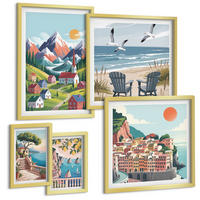 BILDER SET 5er Set - 50x50 cm & 20x30 cm & 40x60 cm Goldrahmen - Pastellfarbene Küstenhäuser - Goldfarben, Kunststoff (40/60cm) - TULUP